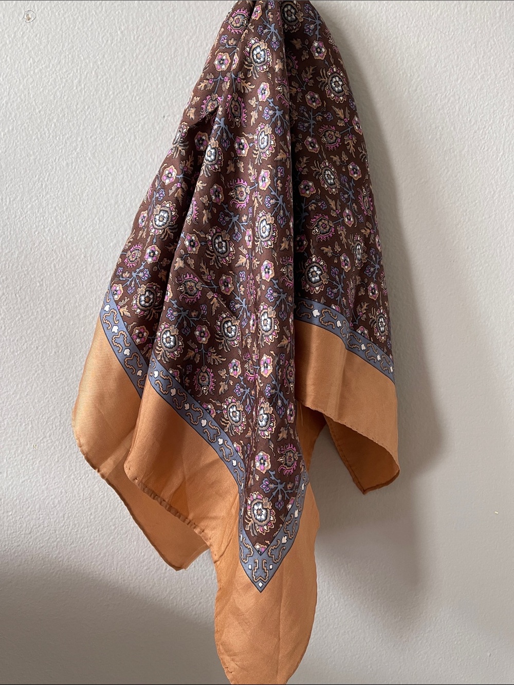 Echo Vintage Silk Brown Floral Paisley Scarf with Tan Border and Blue Accents